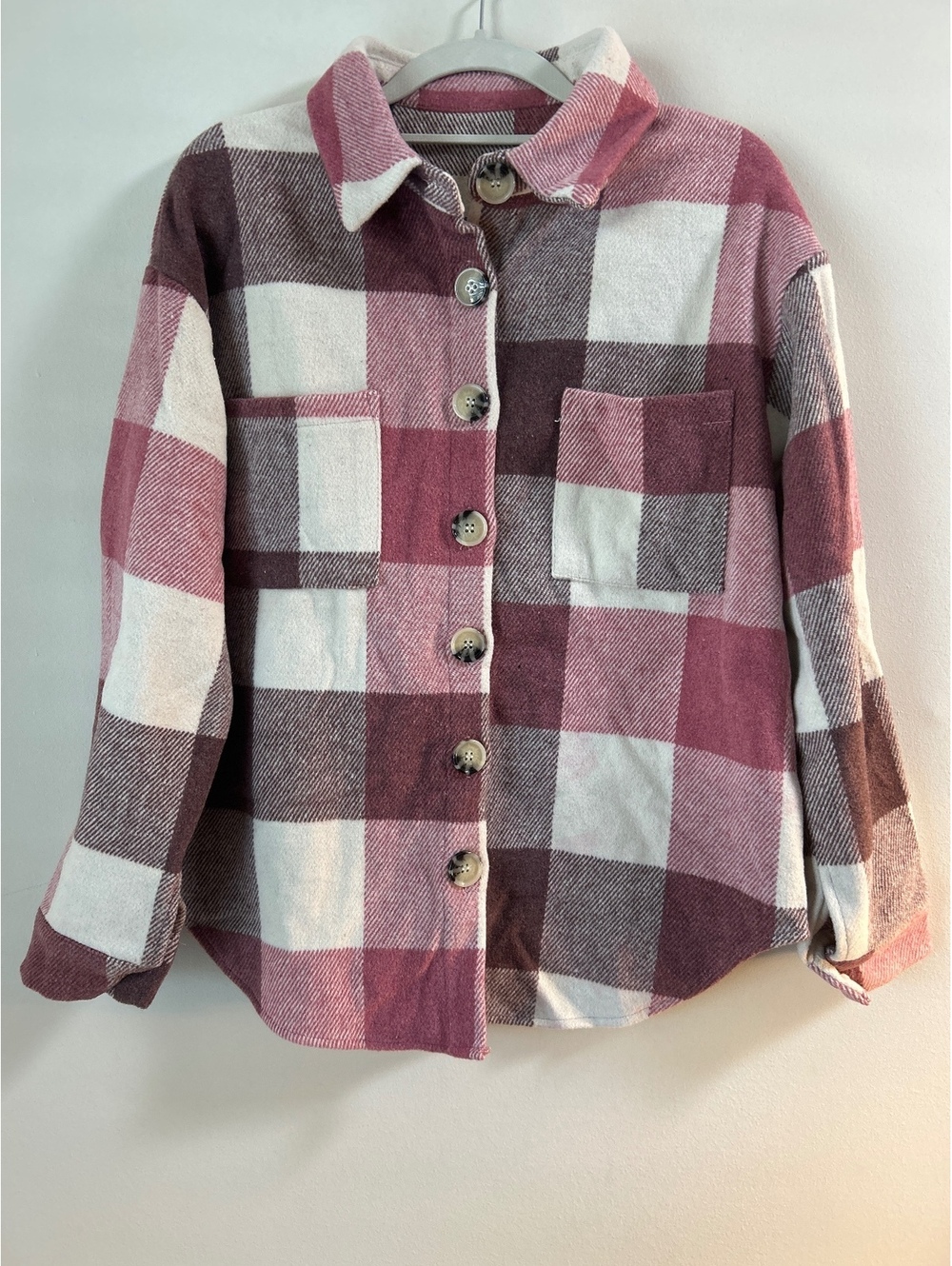 Women's Pink and Brown Plaid Button-Up Shirt Jacket Size S